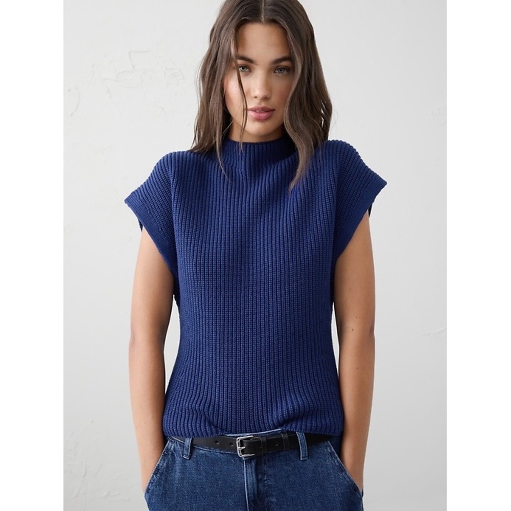 Banana Republic Womens Blue Shaker Rib‎ Mock Neck Sleeveless Sweater Shell Small